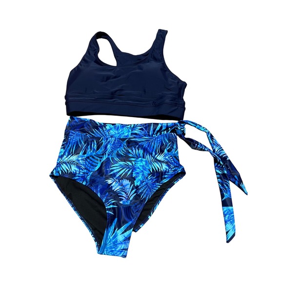 Dokotoo Womens Navy Blue Tropical Palm High Waisted Bikini Set Size M New - Picture 2 of 10